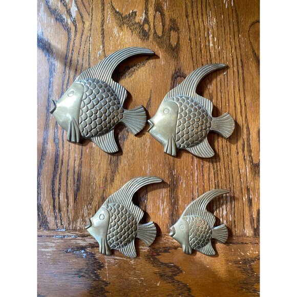Set Of 4 Vintage MCM Solid Brass Tropical Fish Hanging Wall Art Angel Sunfish